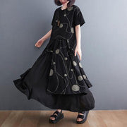 Black Print Short Sleeve Round Neck T-shirt Elastic Waist Skirt Suit Summer - SooLinen