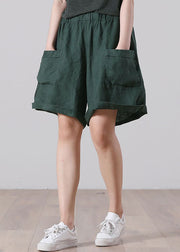 Blackish Green Pockets Patchwork Linen Shorts High Waist Summer