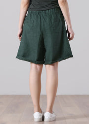 Blackish Green Pockets Patchwork Linen Shorts High Waist Summer