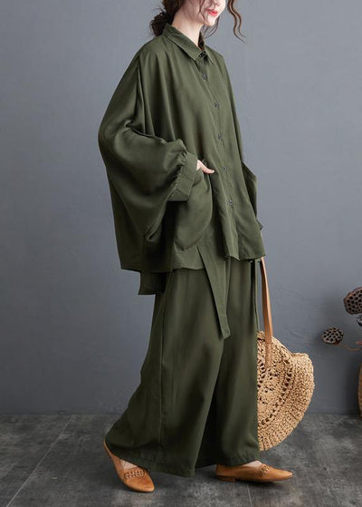 Blackish Green Two Piece Leisure Wide Legged Pants With Spring Art Loose Chiffon Shirt - SooLinen