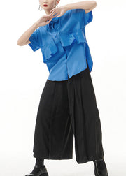 Blue Baggy Ruffles Patchwork Cotton Shirt Button Short Sleeve