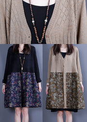 Blue Button Patchwork Print Knit Loose Spring Cardigans