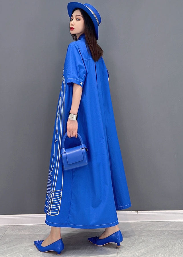 Blue Character Print Cotton Linen A Line Dress Oversized Short Sleeve