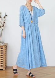 Blue Chiffon Cinched Holiday Dress In Spring Summer - SooLinen