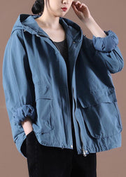 Blue Cinched Spring Hoodies Outwear - SooLinen