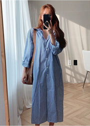 Blue Cotton Button Striped Shirt Dresses Spring