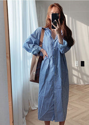 Blue Cotton Button Striped Shirt Dresses Spring