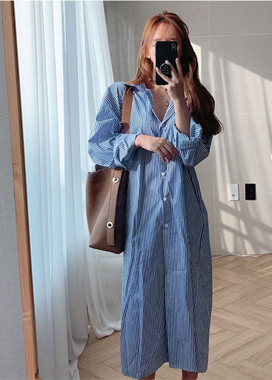 Blue Cotton Button Striped Shirt Dresses Spring