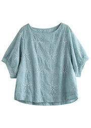 Blue Embroideried Floral Summer Blouses Half Sleeve - SooLinen