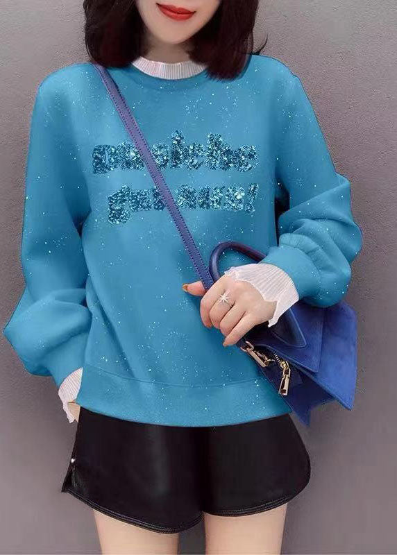 Blue Embroideried Patchwork Ruffled Fall Sweatshirt Street wear