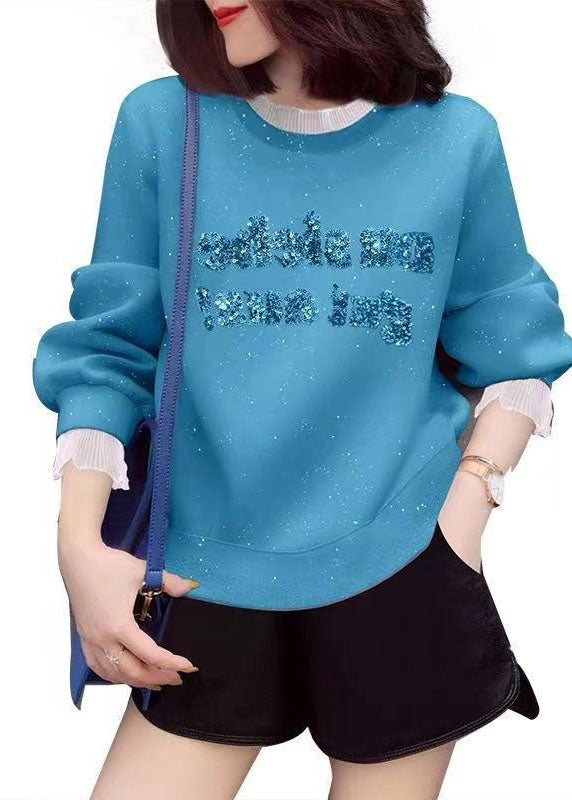 Blaues besticktes Patchwork-Herbst-Sweatshirt mit Rüschen Street Wear