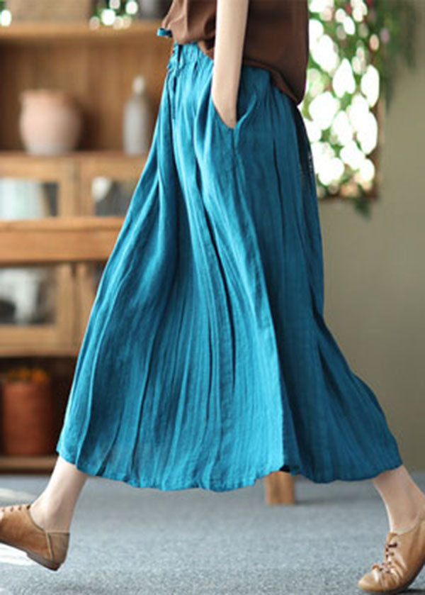 Blue Exra Large Hem Linen Skirts Drawstring Wrinkled Summer