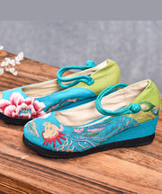 Blue High Wedge Heels Shoes Wedge Cotton Fabric Handmade Embroideried Patchwork Buckle Strap High Wedge Heels Shoes