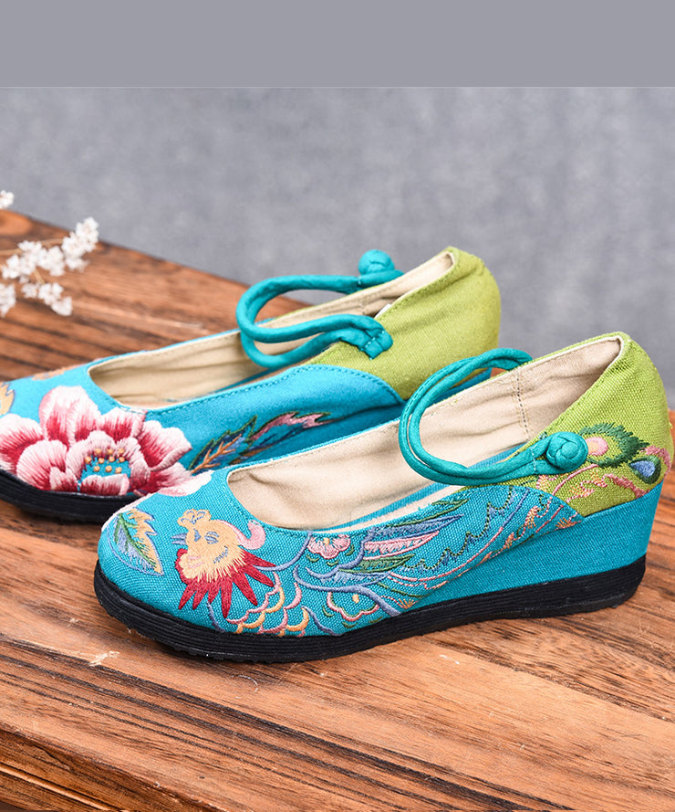 Blue High Wedge Heels Shoes Wedge Cotton Fabric Handmade Embroideried Patchwork Buckle Strap High Wedge Heels Shoes