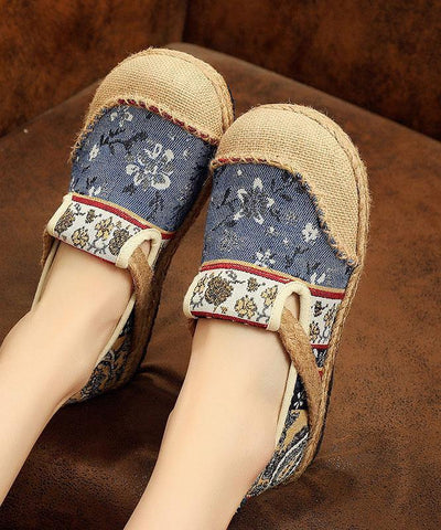 Blue Jacquard Flats Cotton Linen Fabric Unique Splicing Flat Shoes - SooLinen