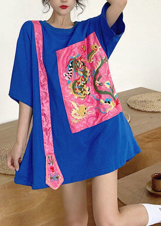 Blue Loose Top O-Neck Asymmetrical Half Sleeve