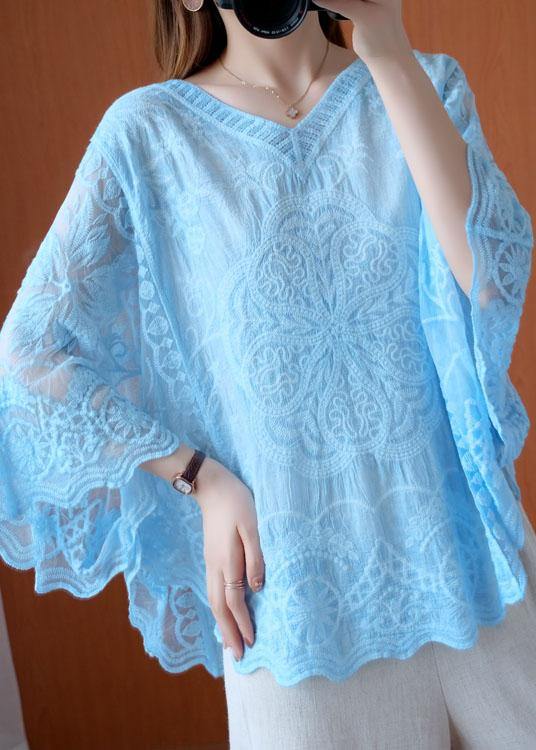 Blue Loose V Neck Summer Bat wing Sleeve Shirts - SooLinen