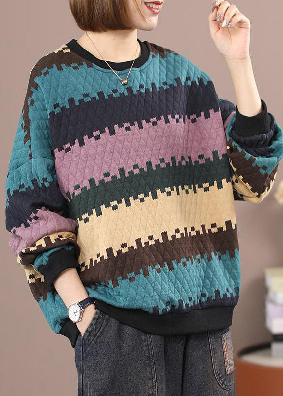 Blaues Patchwork-Sweatshirt mit O-Ausschnitt und Streifen Winter