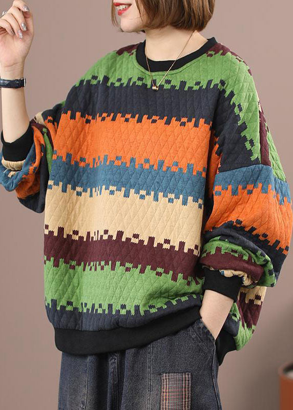 Blue O-Neck Patchwork Striped Sweatshirt Winter