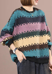 Blaues Patchwork-Sweatshirt mit O-Ausschnitt und Streifen Winter