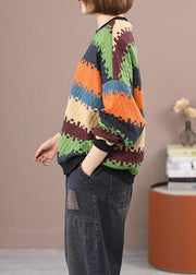 Blaues Patchwork-Sweatshirt mit O-Ausschnitt und Streifen Winter