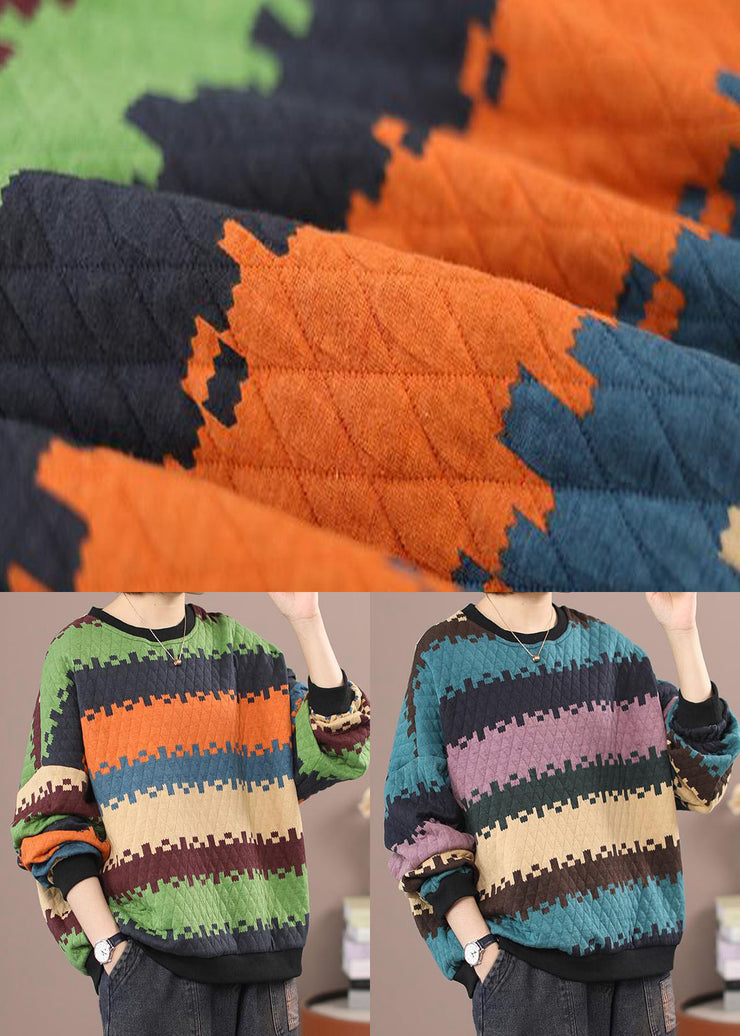 Blue O-Neck Patchwork Striped Sweatshirt Winter