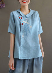 Blue Oriental Linen Shirts button Short Sleeve