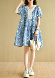 Blue Patchwork V Neck Embroideried Summer Cotton Dress Short Sleeve - SooLinen