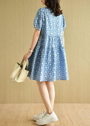 Blue Patchwork V Neck Embroideried Summer Cotton Dress Short Sleeve - SooLinen