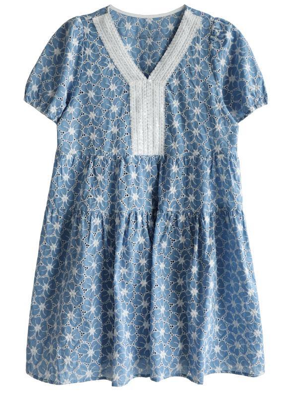 Blue Patchwork V Neck Embroideried Summer Cotton Dress Short Sleeve - SooLinen