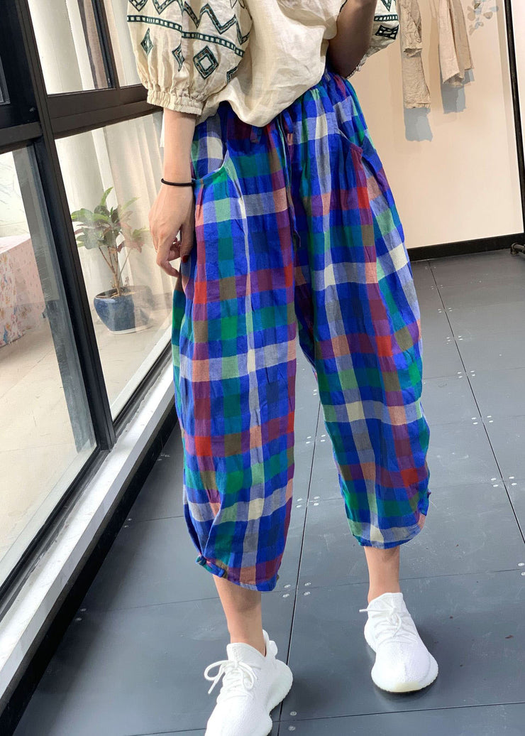 Blue Plaid Linen Loose Crop Pants Elastic Waist Tie Waist Summer