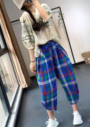 Blue Plaid Linen Loose Crop Pants Elastic Waist Tie Waist Summer