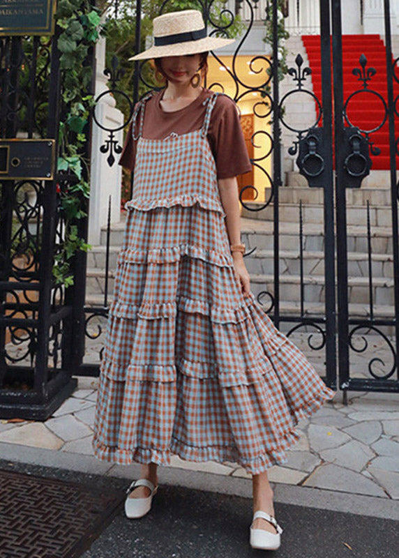 Blue Plaid Patchwork Ruffles Long Dress Sleeveless