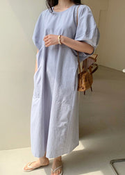 Blue Pockets Cotton Robe Dresses Short Sleeve