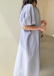 Blue Pockets Cotton Robe Dresses Short Sleeve