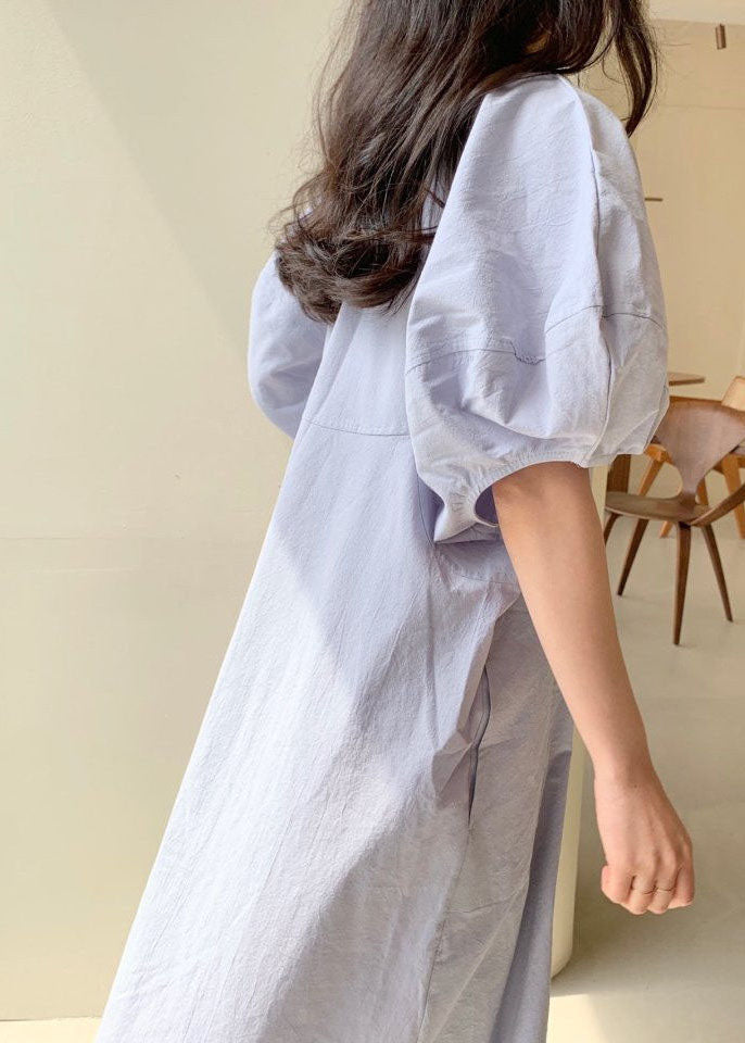 Blue Pockets Cotton Robe Dresses Short Sleeve