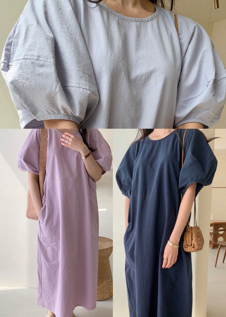 Blue Pockets Cotton Robe Dresses Short Sleeve