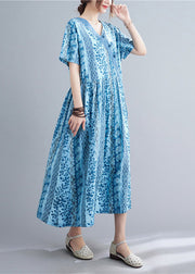 Blue Pockets Patchwork Wrinkled Long Dress Short Sleeve