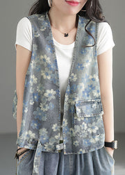 Blue Print Cotton Denim Vest Pocket Sleeveless