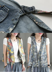 Blue Print Cotton Denim Vest Pocket Sleeveless