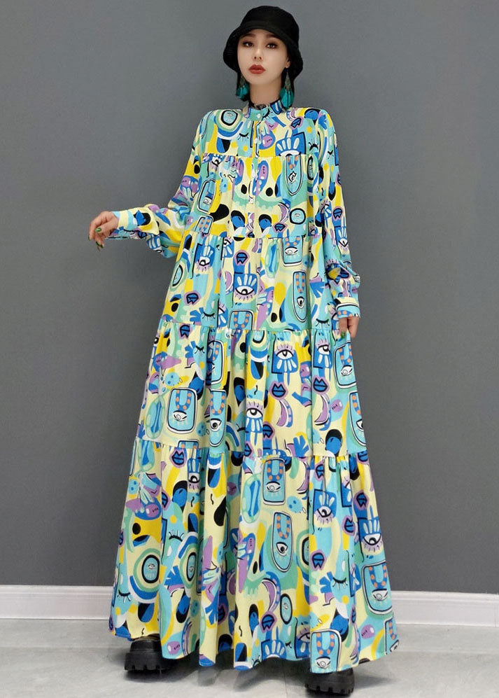 Blue Print Patchwork Cotton A Line Long Dress Stand Collar Long Sleeve