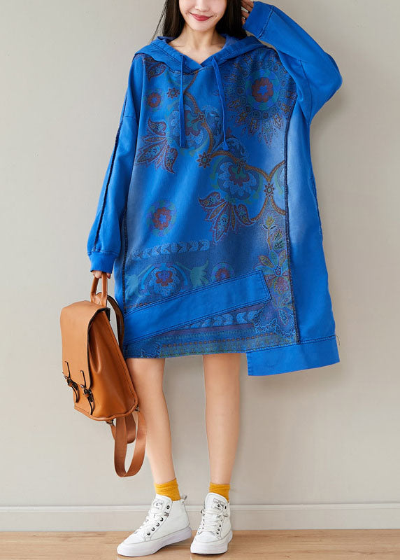 Blue Print Sweatshirts dresses drawstring Asymmetrical Spring