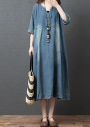 Blue Solid Patchwork Cotton Denim Dresses Button Half Sleeve