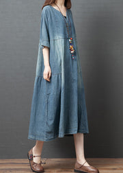 Blue Solid Patchwork Cotton Denim Dresses Button Half Sleeve