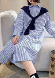 Blue Stripe Long Patchwork Cape Design Loose Shirt Skirt - SooLinen