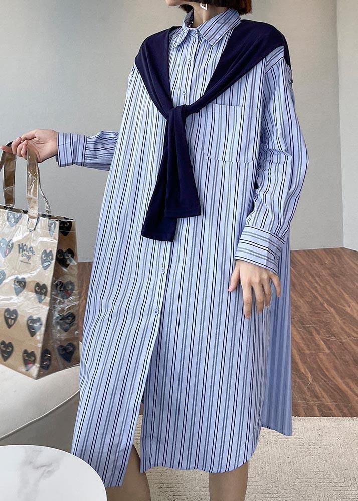 Blue Stripe Long Patchwork Cape Design Loose Shirt Skirt - SooLinen