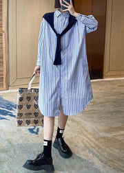 Blue Stripe Long Patchwork Cape Design Loose Shirt Skirt - SooLinen