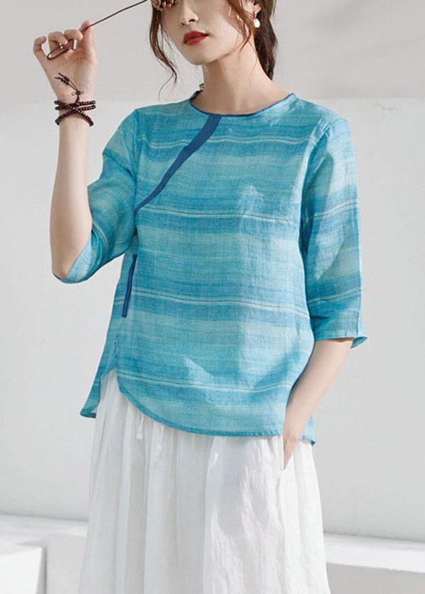 Blue Striped Chinese Style O-Neck Summer Ramie Blouse Half Sleeve - SooLinen