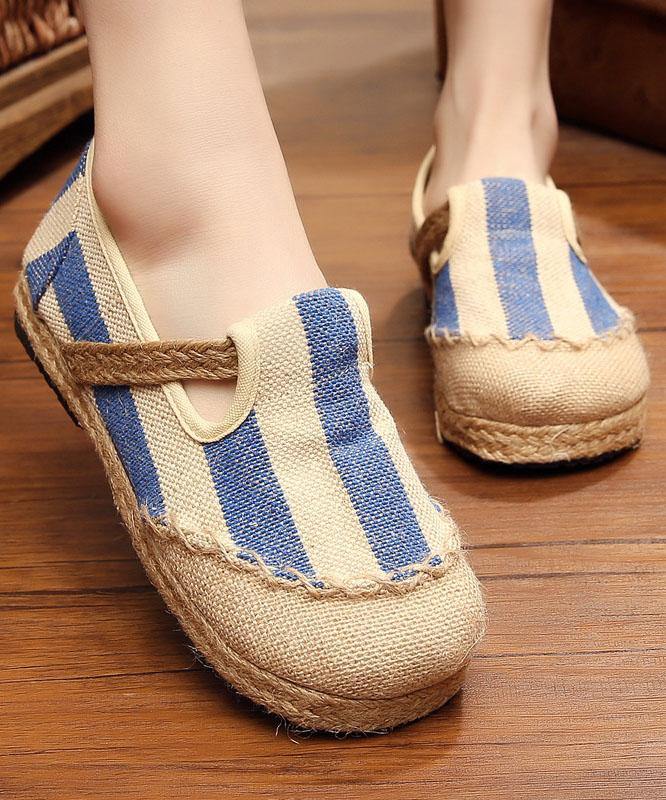 Blue Striped Cotton Fabric Flats Splicing Flat Shoes For Women - SooLinen