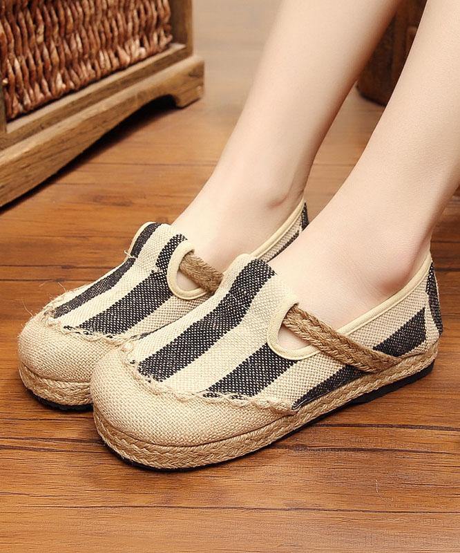 Blue Striped Cotton Fabric Flats Splicing Flat Shoes For Women - SooLinen